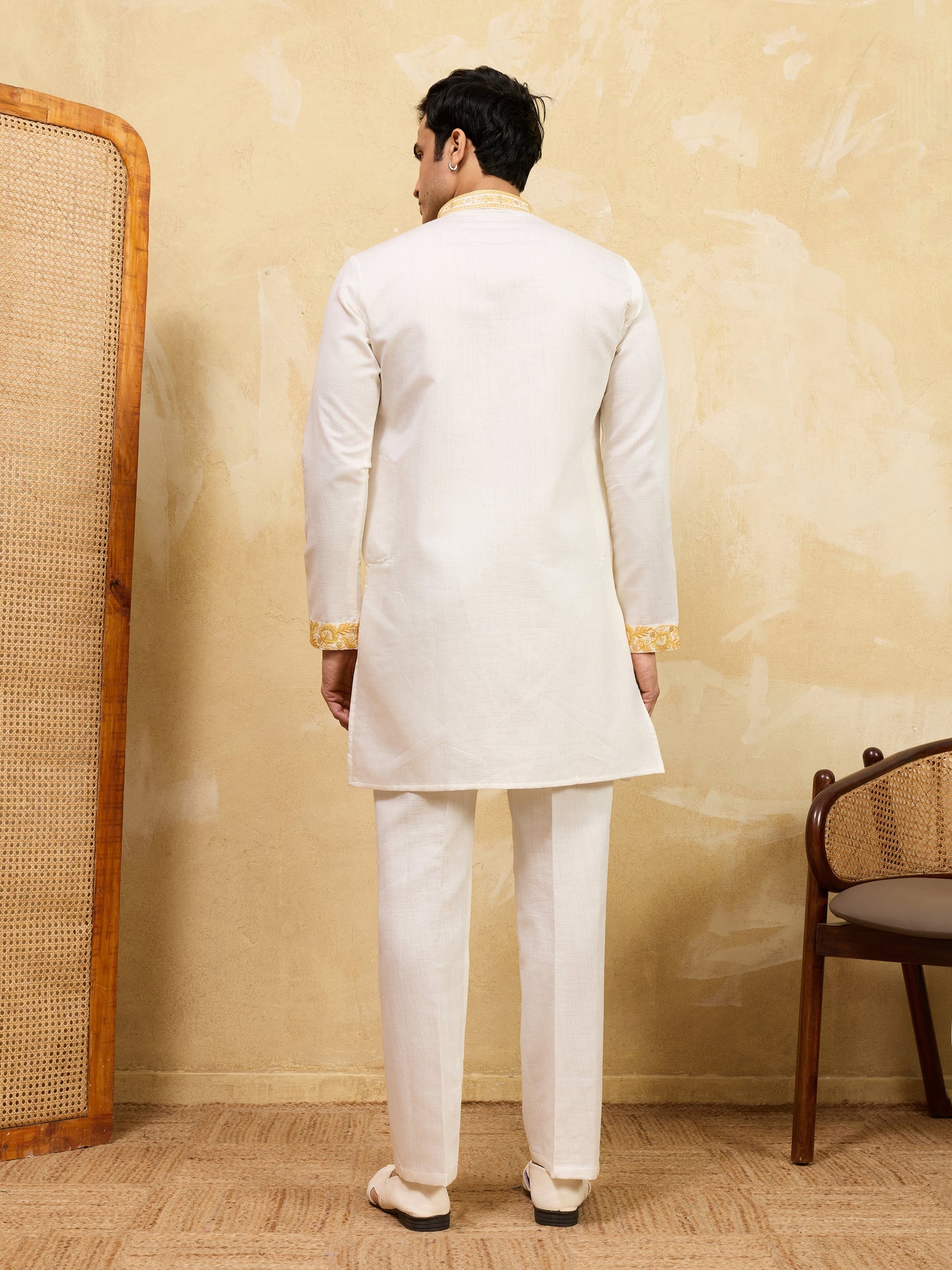 Elegant White Viscose Silk Kurta Dupatta Set With Yellow Embroidery Work