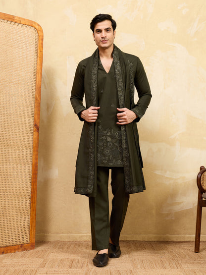 Elegant Dark Green Viscose Silk Thread Work Embroidered Kurta Dupatta Set