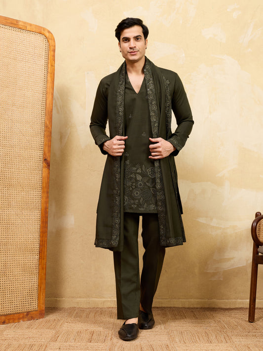 Elegant Dark Green Viscose Silk Thread Work Embroidered Kurta Dupatta Set