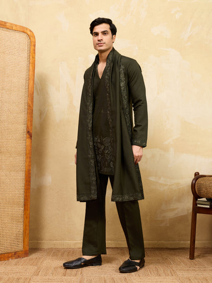 Elegant Dark Green Viscose Silk Thread Work Embroidered Kurta Dupatta Set