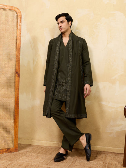 Elegant Dark Green Viscose Silk Thread Work Embroidered Kurta Dupatta Set