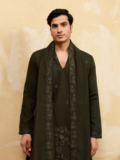 Elegant Dark Green Viscose Silk Thread Work Embroidered Kurta Dupatta Set