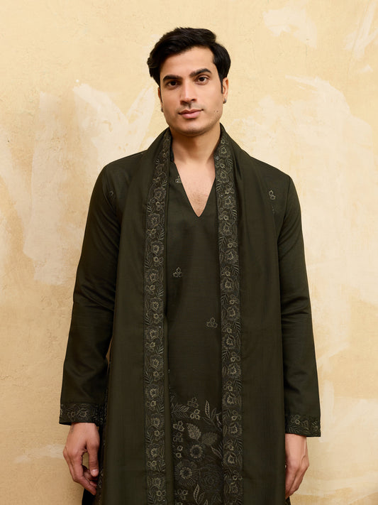 Elegant Dark Green Viscose Silk Thread Work Embroidered Kurta Dupatta Set