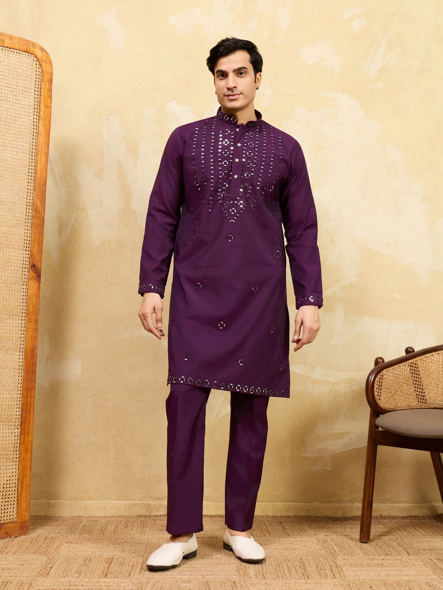 Elegant Classy Purple Mirror Embroidered Kurta and Pant for Wedding Wear