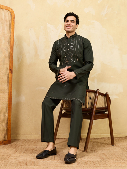 Elegant Olive Green Mirror Embroidered Kurta with Pant for Special Occasions