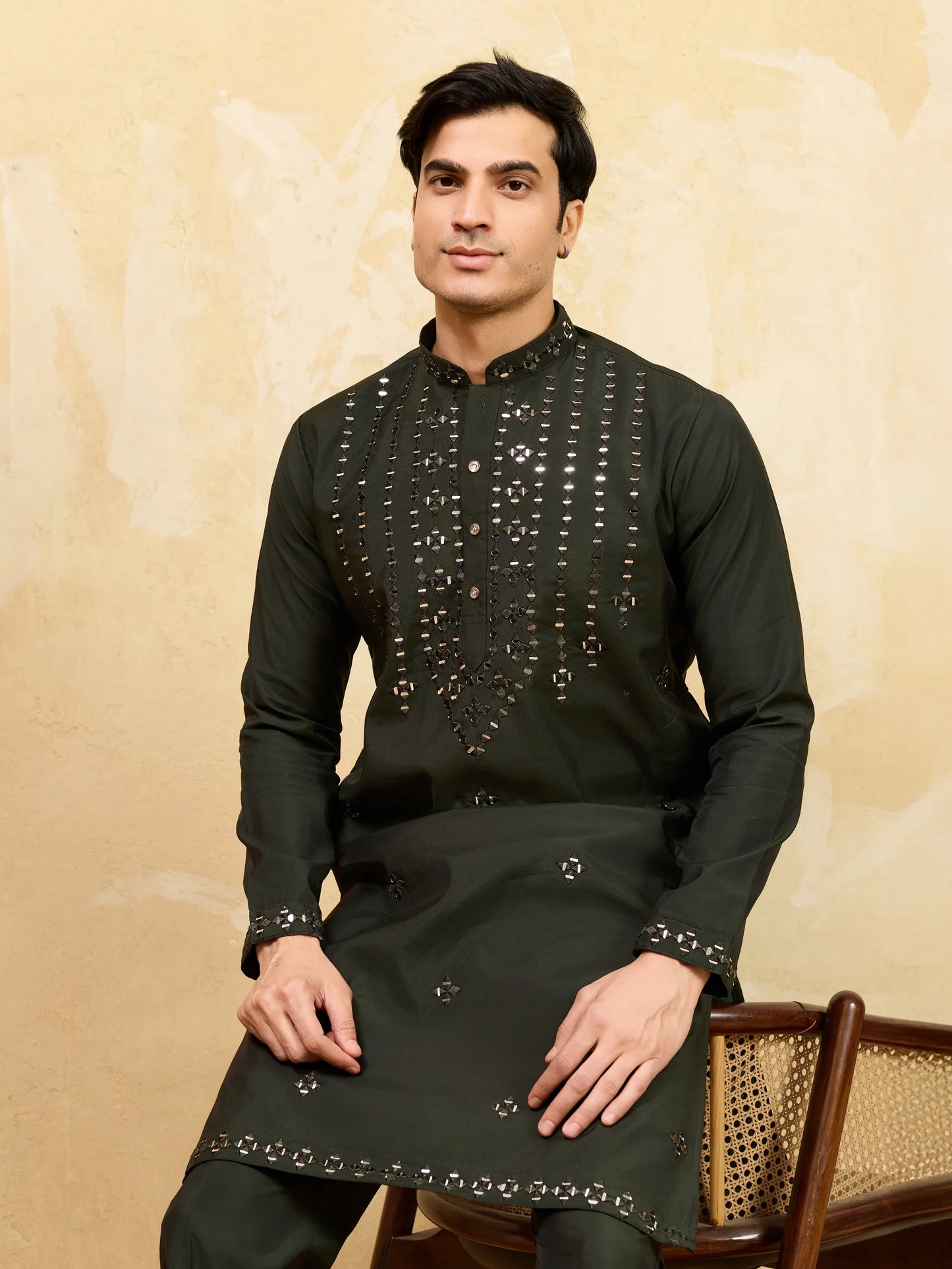 Elegant Olive Green Mirror Embroidered Kurta with Pant for Special Occasions