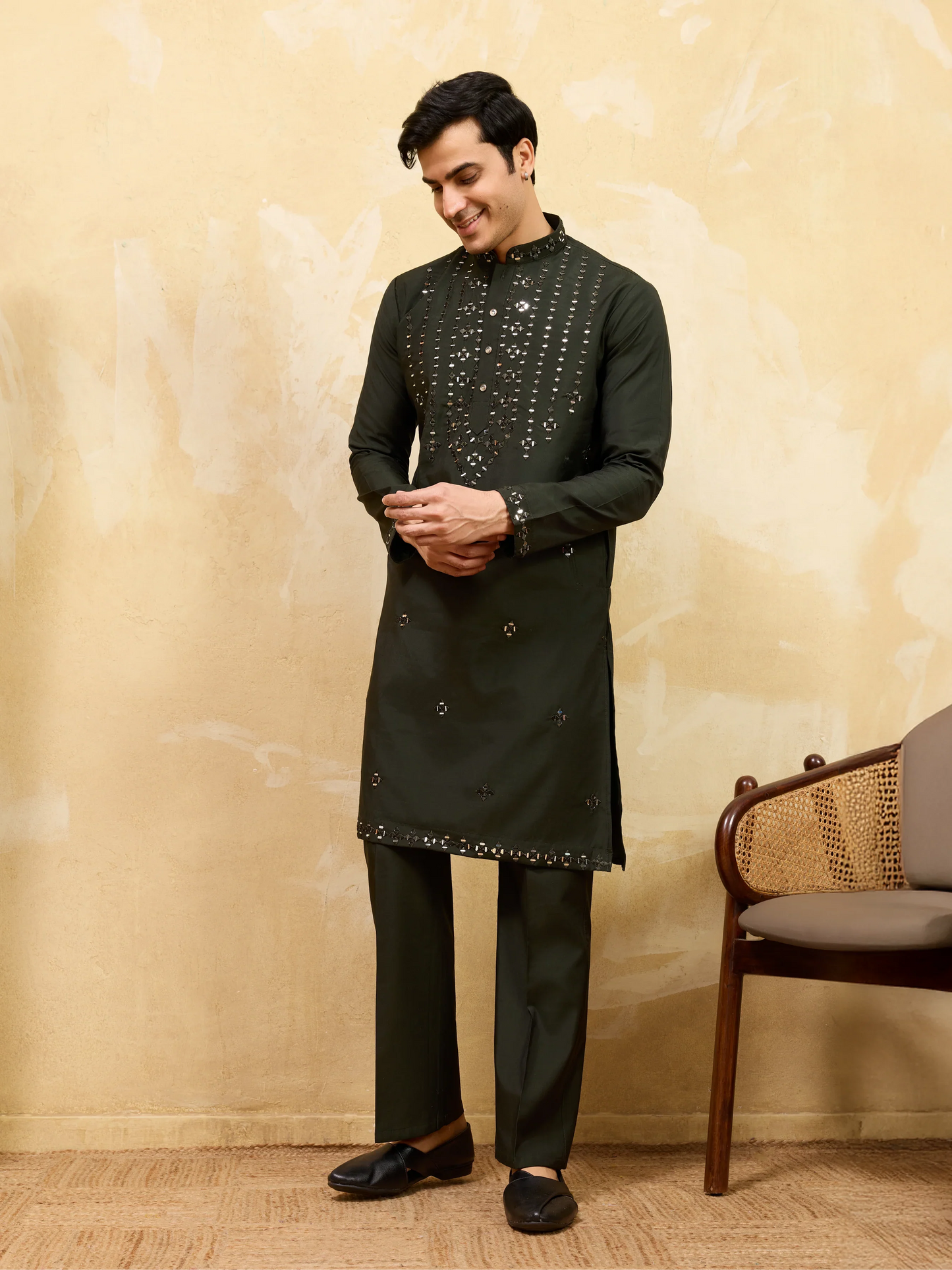 Elegant Olive Green Mirror Embroidered Kurta with Pant for Special Occasions