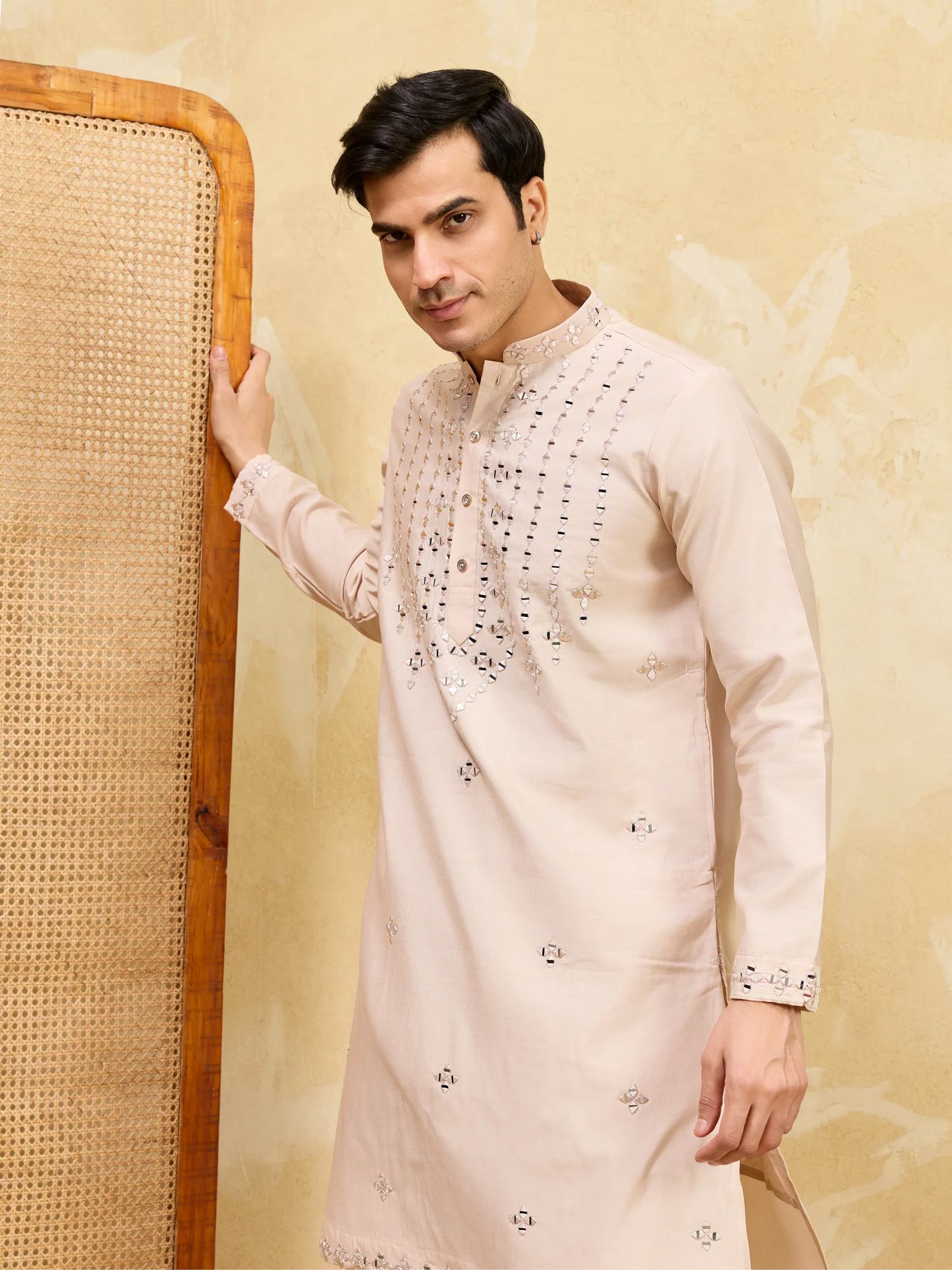 Elegant Royal Cream Mirror Kurta with Matching Pants for Wedding Attire