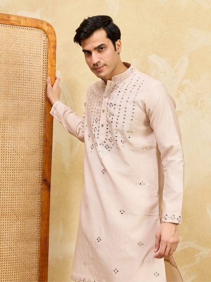 Elegant Royal Cream Mirror Kurta with Matching Pants for Wedding Attire