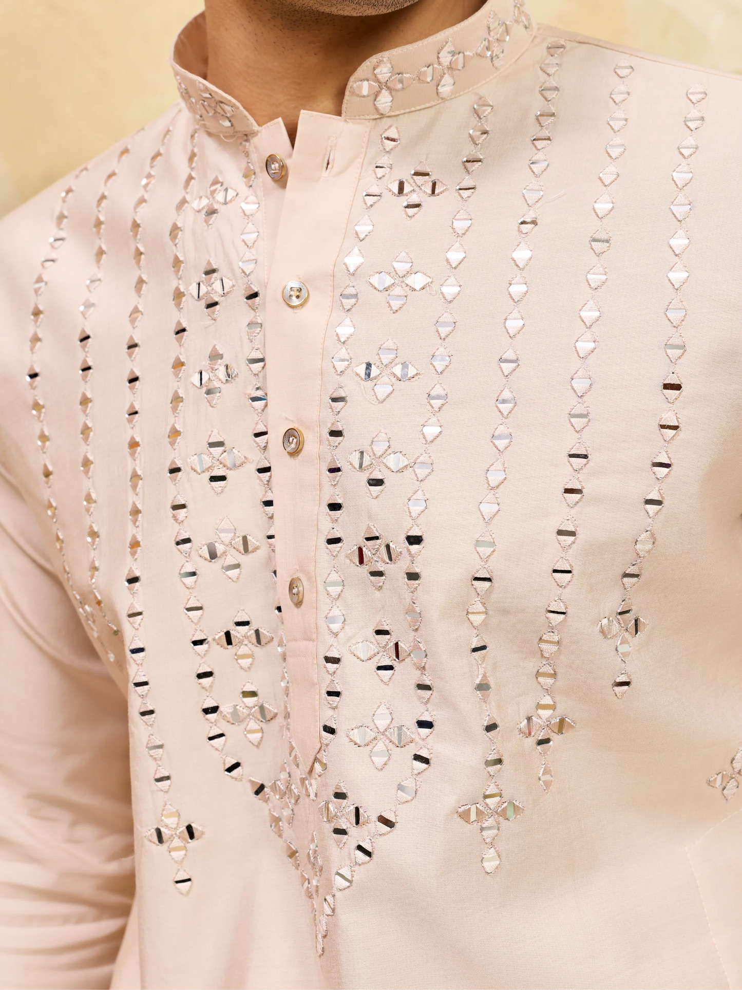 Elegant Royal Cream Mirror Kurta with Matching Pants for Wedding Attire