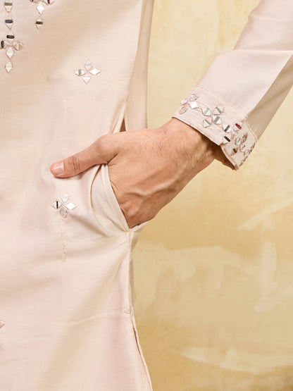 Elegant Royal Cream Mirror Kurta with Matching Pants for Wedding Attire