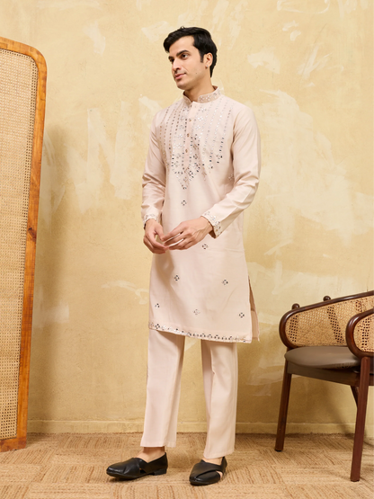 Elegant Royal Cream Mirror Kurta with Matching Pants for Wedding Attire
