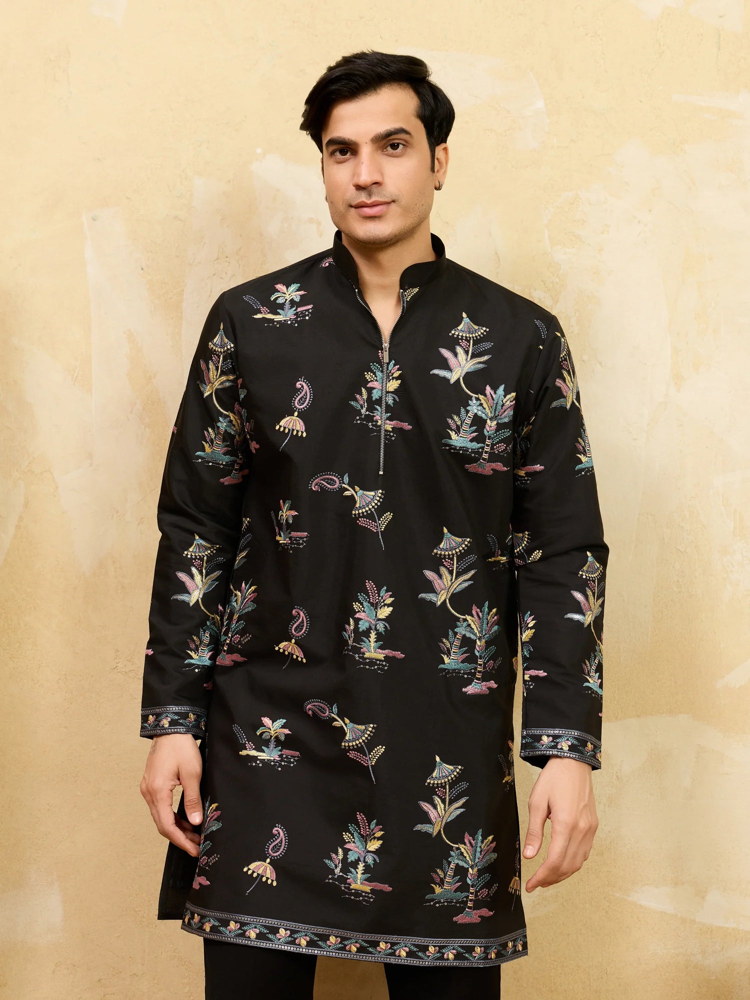 Elegant Luxury Black Viscose Silk Thread Work Kurta Set For Festive Wear