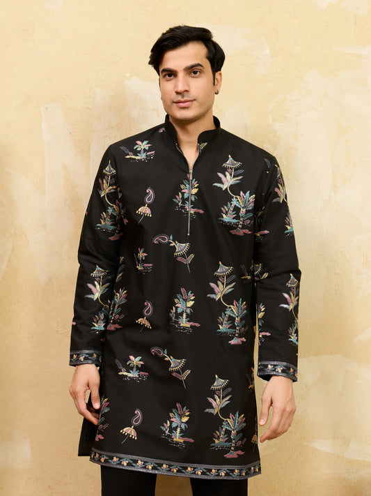 Elegant Luxury Black Viscose Silk Thread Work Kurta Set For Festive Wear