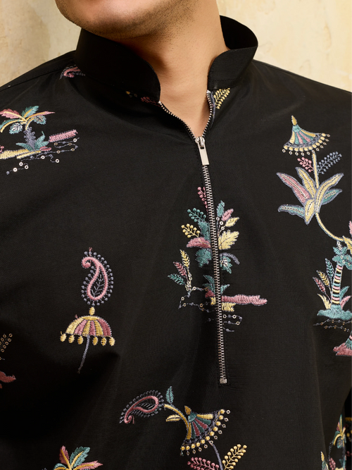 Elegant Luxury Black Viscose Silk Thread Work Kurta Set For Festive Wear