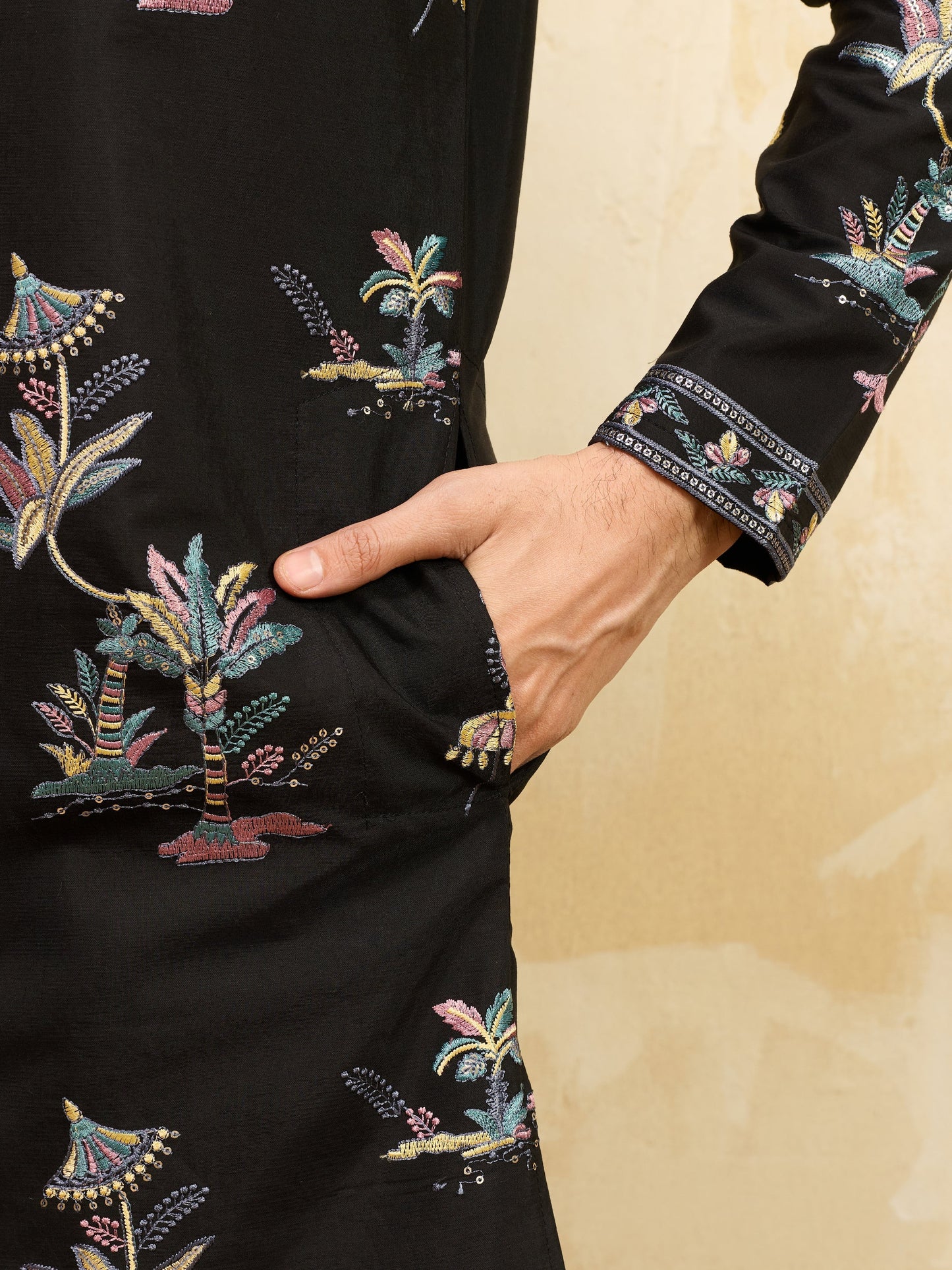 Elegant Luxury Black Viscose Silk Thread Work Kurta Set For Festive Wear