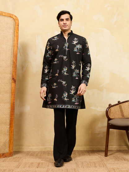 Elegant Luxury Black Viscose Silk Thread Work Kurta Set For Festive Wear