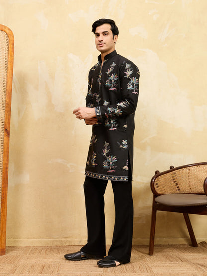 Elegant Luxury Black Viscose Silk Thread Work Kurta Set For Festive Wear