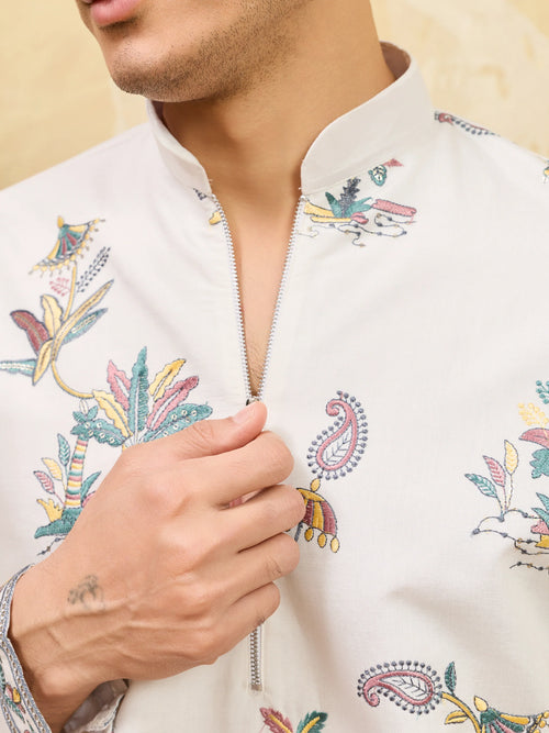 Elegant Classic White Viscose Silk Kurta Set with Fine Thread Work