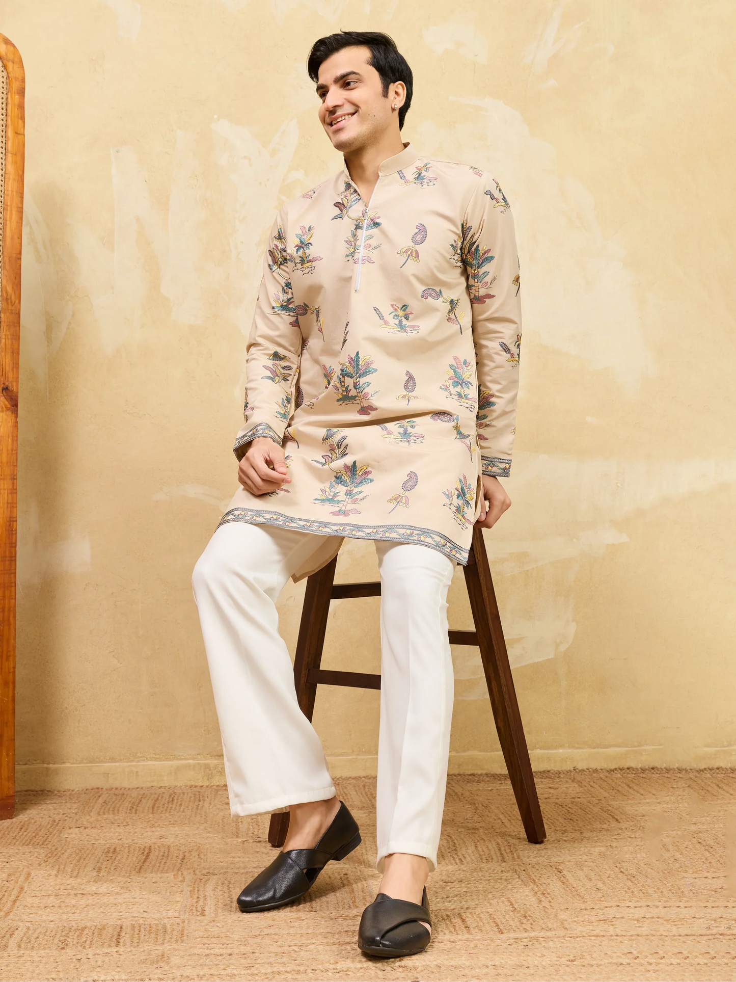 Elegant Graceful Beige Viscose Silk Kurta and Pant Set for Special Occasions