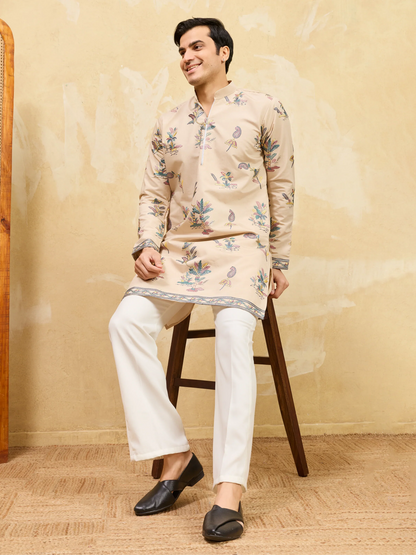 Elegant Graceful Beige Viscose Silk Kurta and Pant Set for Special Occasions