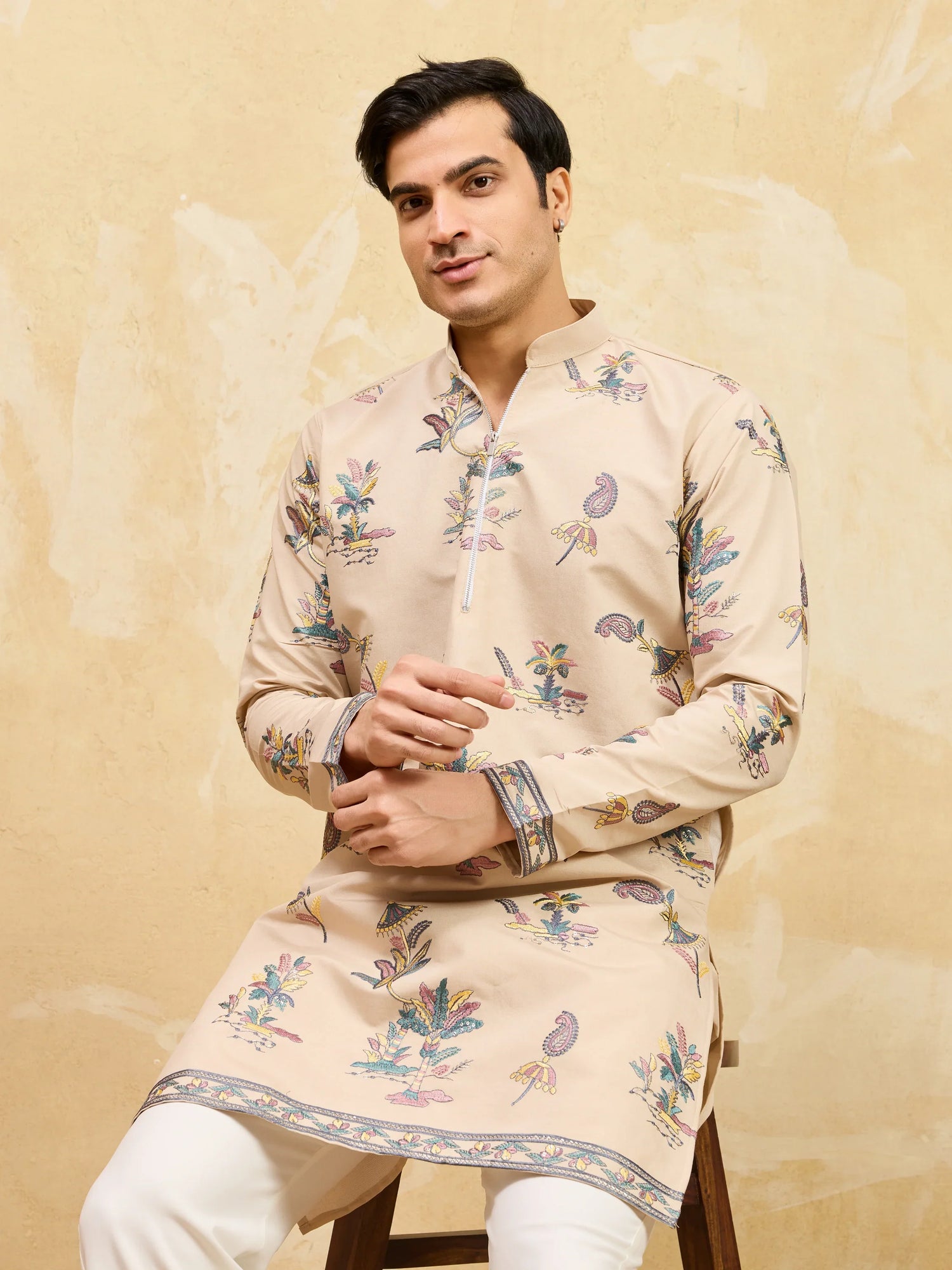 Elegant Graceful Beige Viscose Silk Kurta and Pant Set for Special Occasions