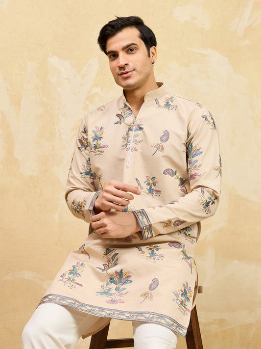 Elegant Graceful Beige Viscose Silk Kurta and Pant Set for Special Occasions