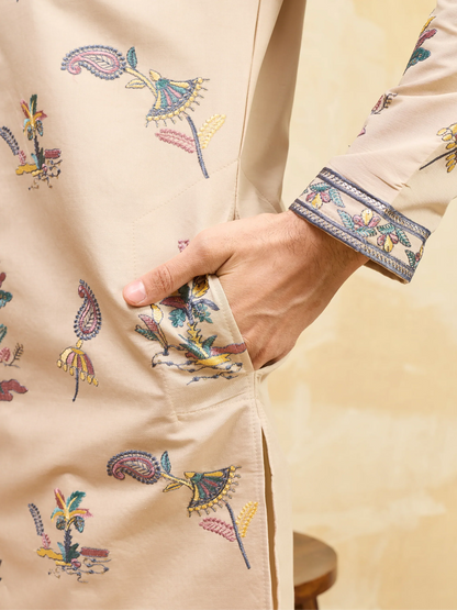 Elegant Graceful Beige Viscose Silk Kurta and Pant Set for Special Occasions