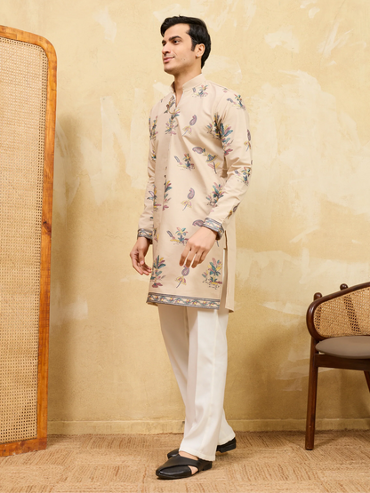 Elegant Graceful Beige Viscose Silk Kurta and Pant Set for Special Occasions