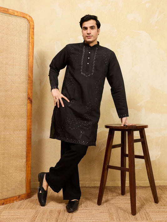Elegant Luxury Black Viscose Silk Embroidered Kurta & Pant