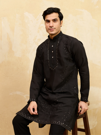 Elegant Luxury Black Viscose Silk Embroidered Kurta & Pant