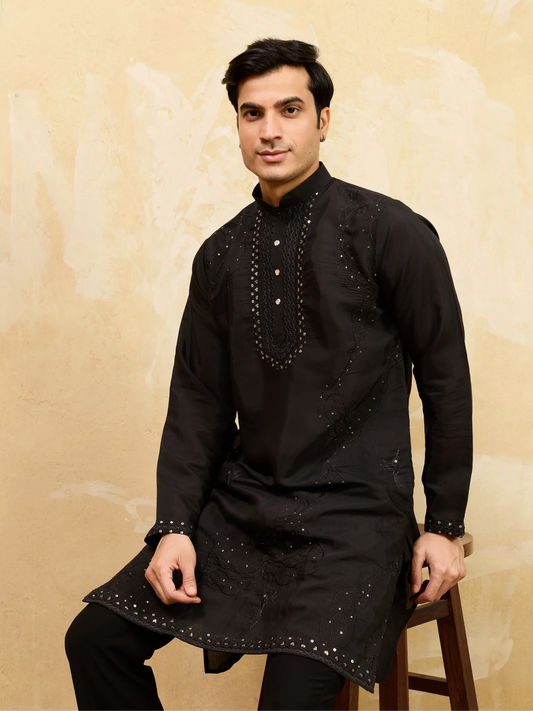 Elegant Luxury Black Viscose Silk Embroidered Kurta & Pant