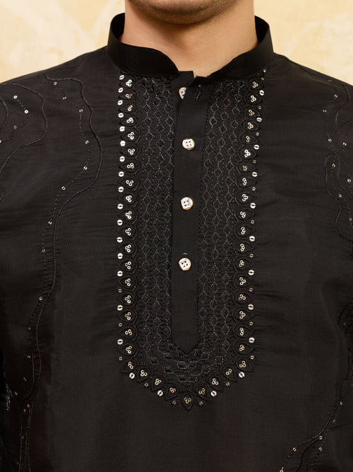 Elegant Luxury Black Viscose Silk Embroidered Kurta & Pant