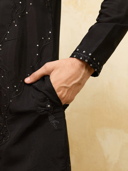 Elegant Luxury Black Viscose Silk Embroidered Kurta & Pant