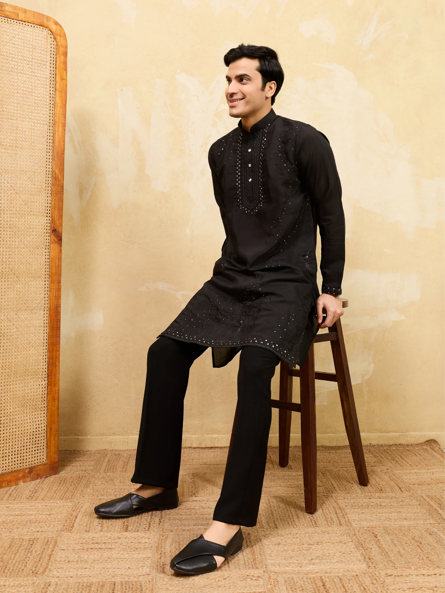 Elegant Luxury Black Viscose Silk Embroidered Kurta & Pant
