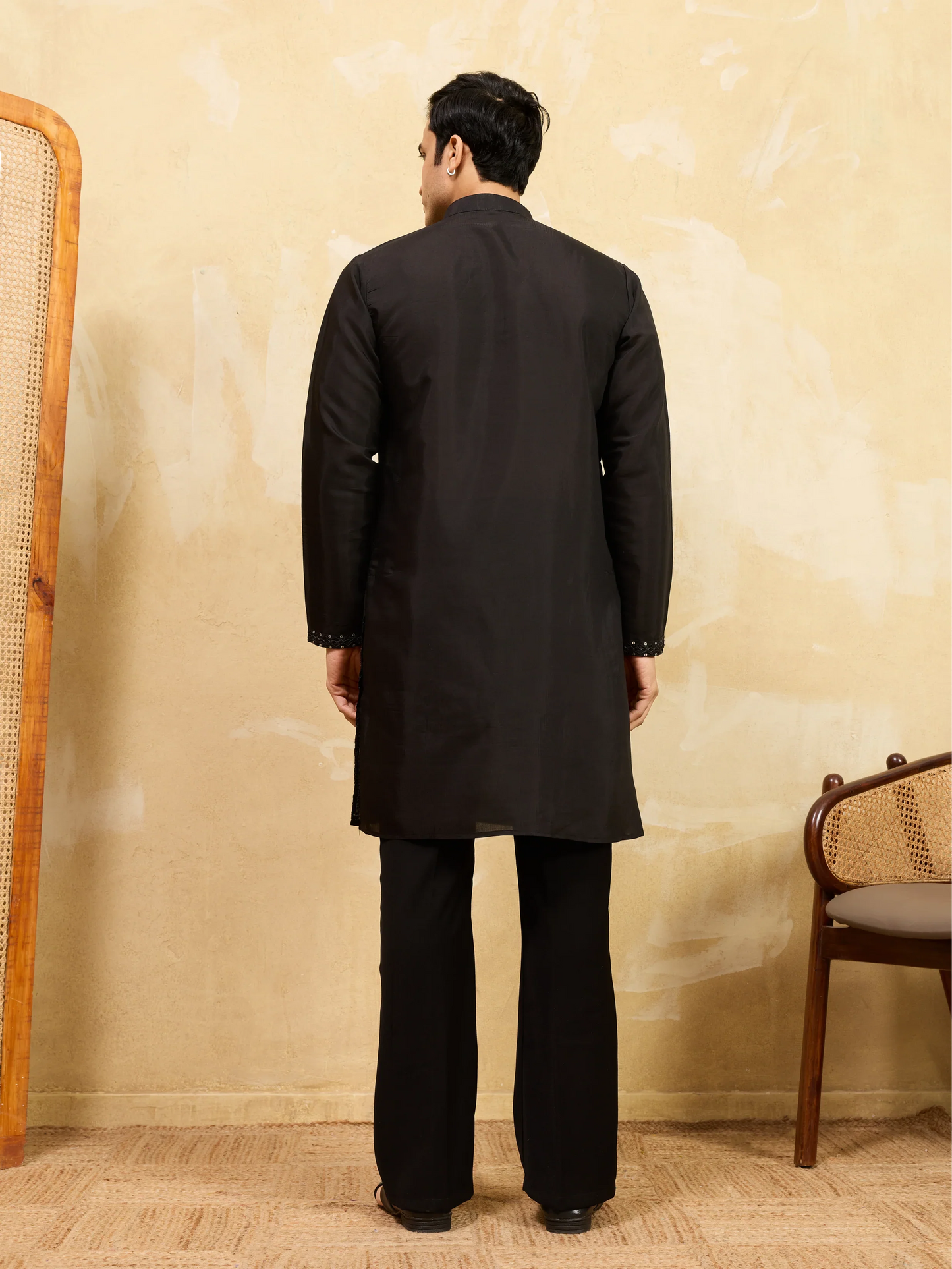 Elegant Luxury Black Viscose Silk Embroidered Kurta & Pant
