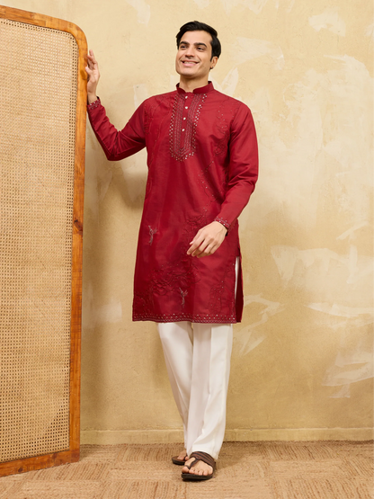 Elegant Royal Red Viscose Silk Kurta & Pant Set with Rich Embroidery