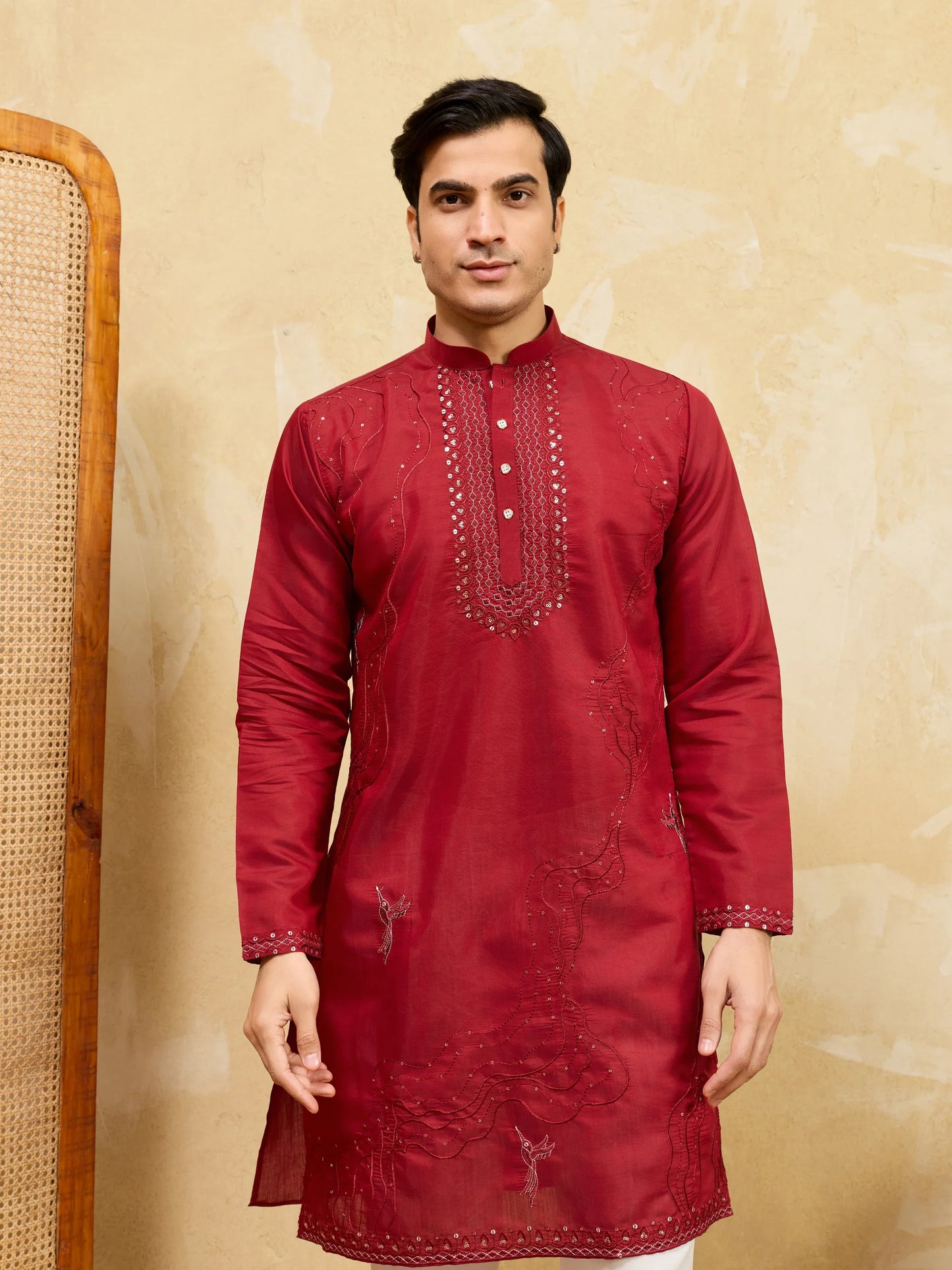 Elegant Royal Red Viscose Silk Kurta & Pant Set with Rich Embroidery