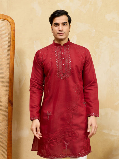 Elegant Royal Red Viscose Silk Kurta & Pant Set with Rich Embroidery