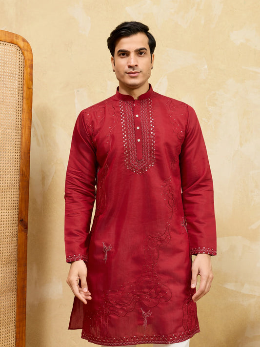 Elegant Royal Red Viscose Silk Kurta & Pant Set with Rich Embroidery