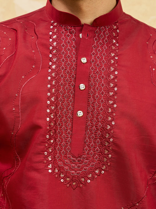 Elegant Royal Red Viscose Silk Kurta & Pant Set with Rich Embroidery