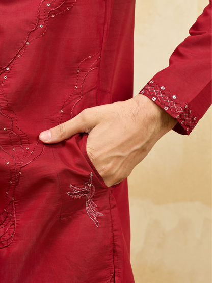 Elegant Royal Red Viscose Silk Kurta & Pant Set with Rich Embroidery