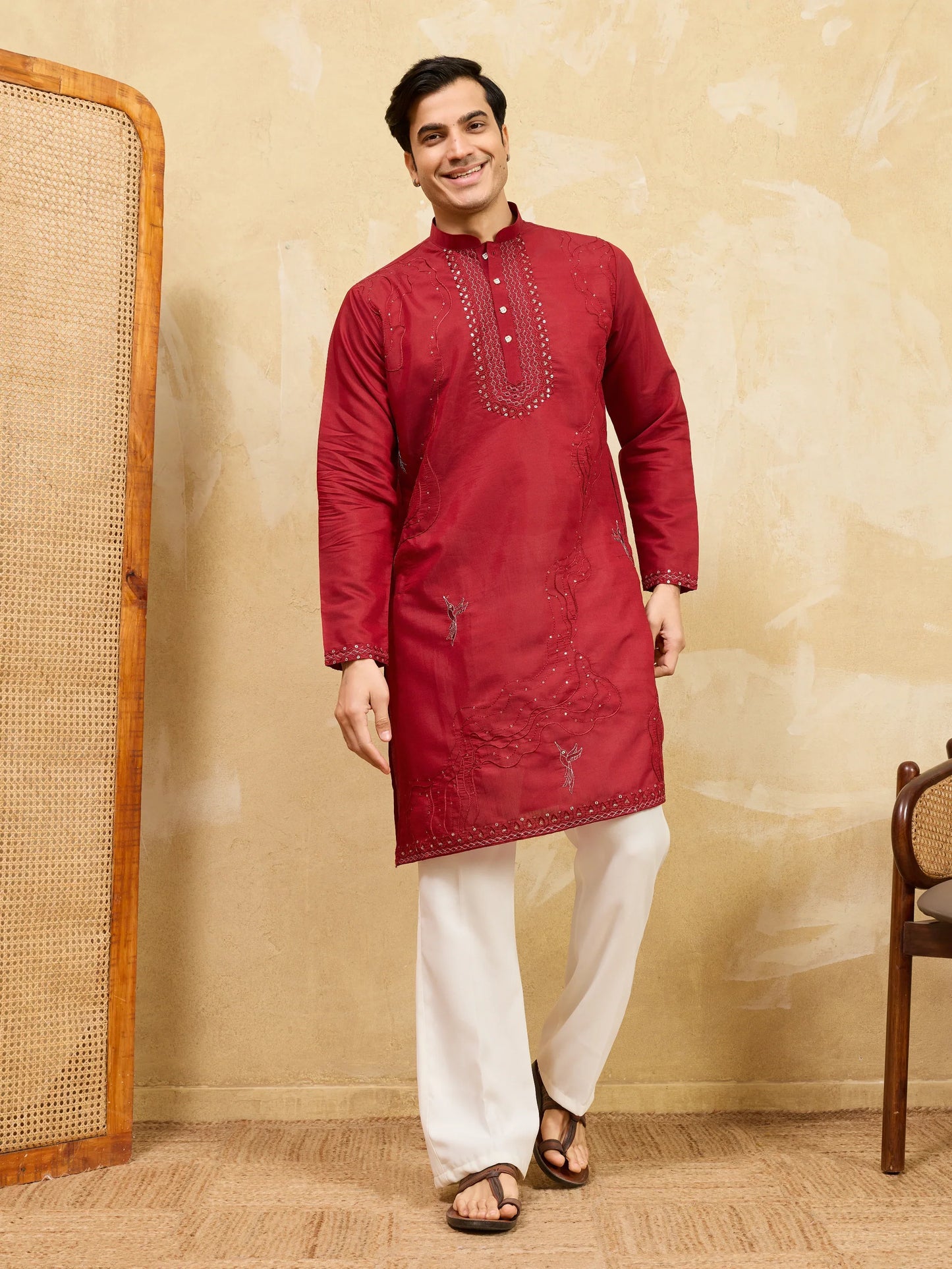 Elegant Royal Red Viscose Silk Kurta & Pant Set with Rich Embroidery