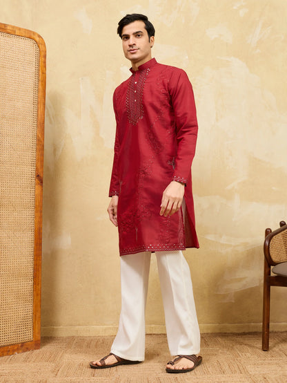 Elegant Royal Red Viscose Silk Kurta & Pant Set with Rich Embroidery