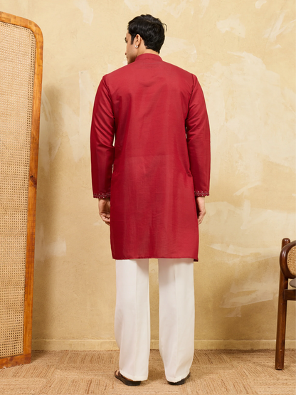 Elegant Royal Red Viscose Silk Kurta & Pant Set with Rich Embroidery
