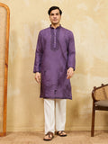 Elegant Luxury Purple Viscose Silk Embroidered Work Kurta Pant Set