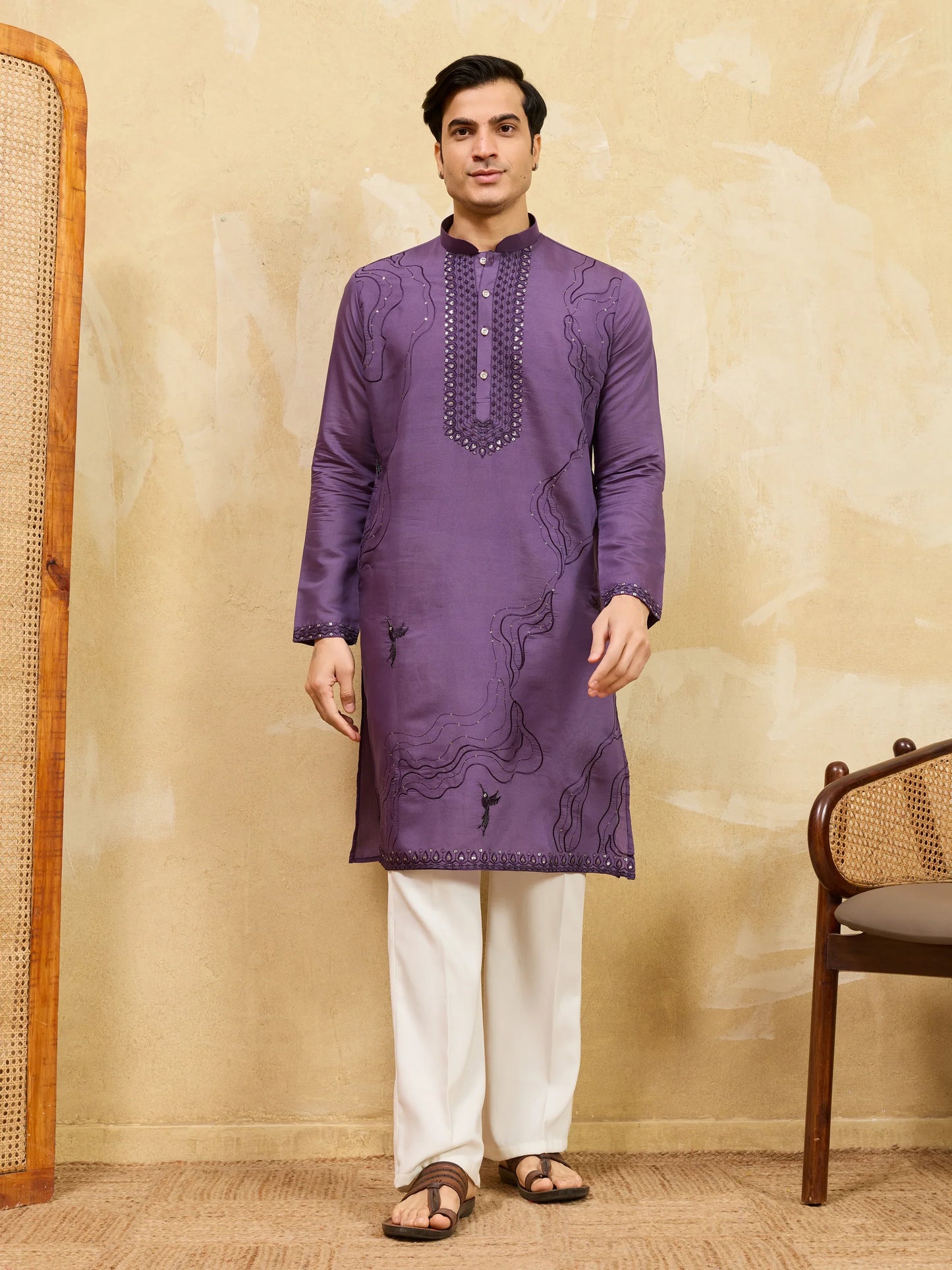 Elegant Luxury Purple Viscose Silk Embroidered Work Kurta Pant Set