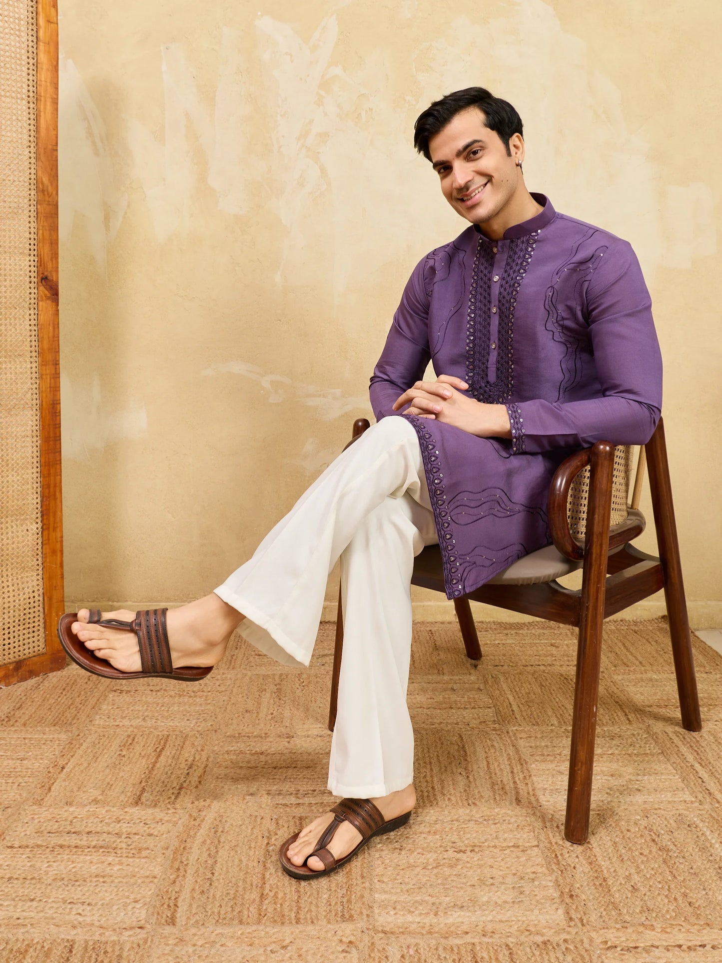 Elegant Luxury Purple Viscose Silk Embroidered Work Kurta Pant Set
