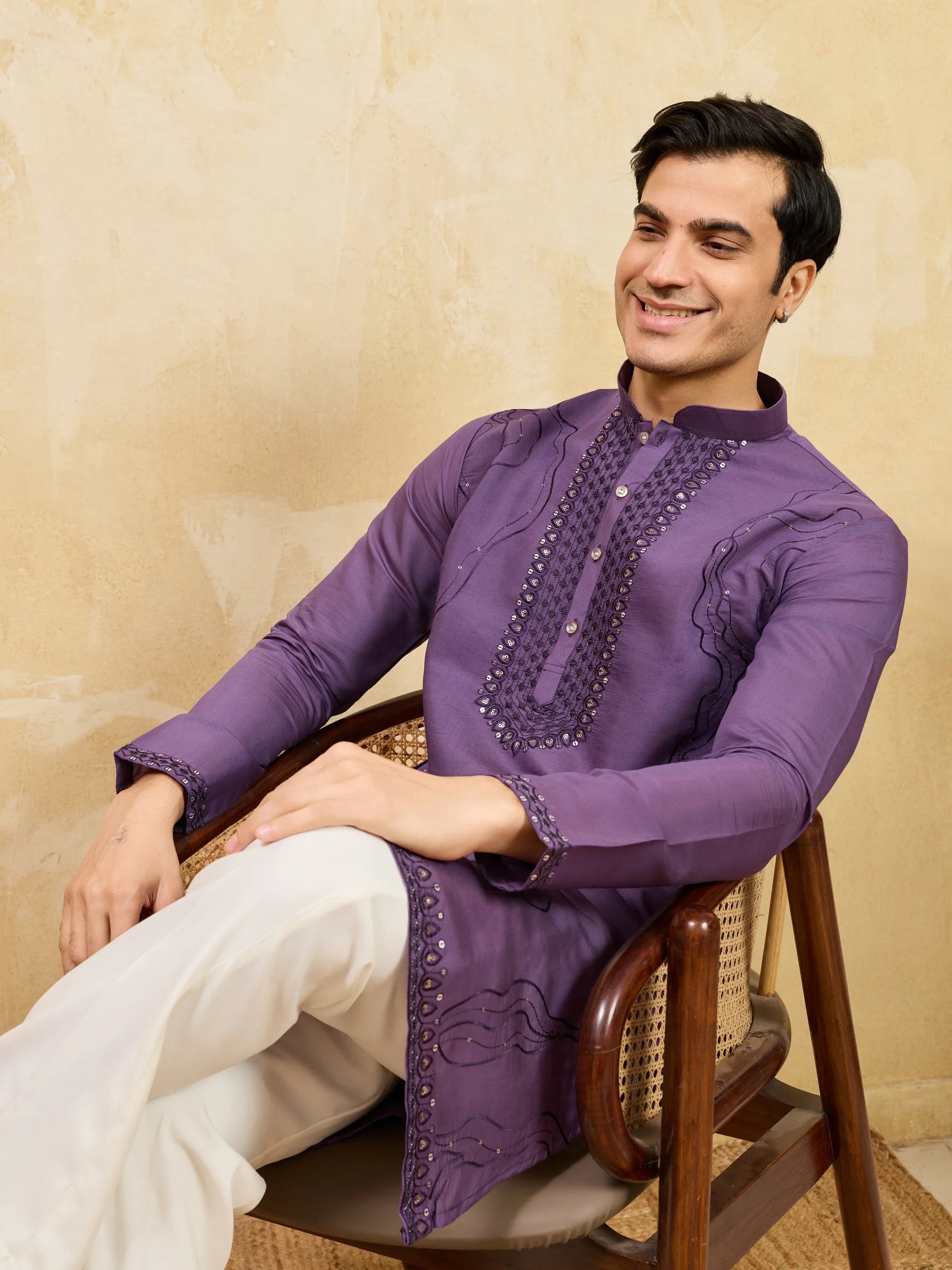 Elegant Luxury Purple Viscose Silk Embroidered Work Kurta Pant Set