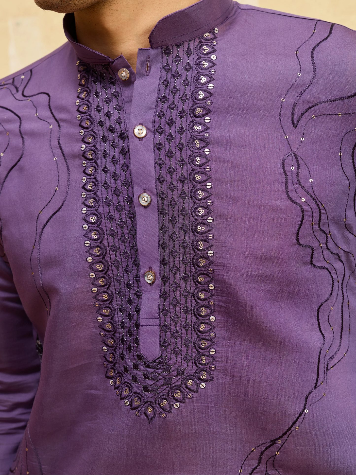 Elegant Luxury Purple Viscose Silk Embroidered Work Kurta Pant Set